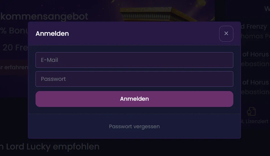 Lord Lucky Casino Login-Seite mit Feldern und Button