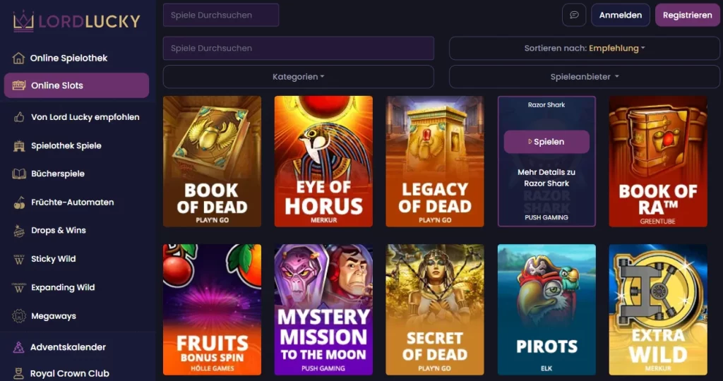 LordLucky Spiele auf der Hauptseite